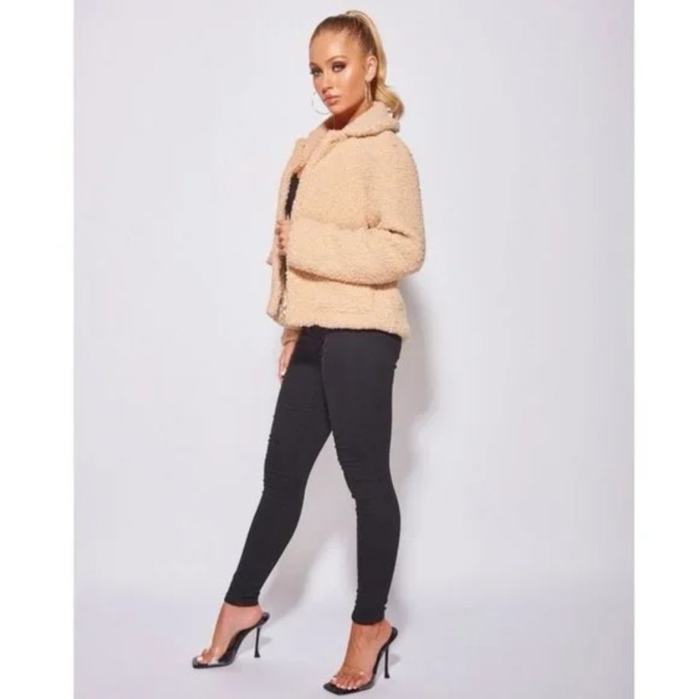 Camel Long Sleeve Collared Teddy Bear Fur Trucker Jacket - Picture 4 of 14
